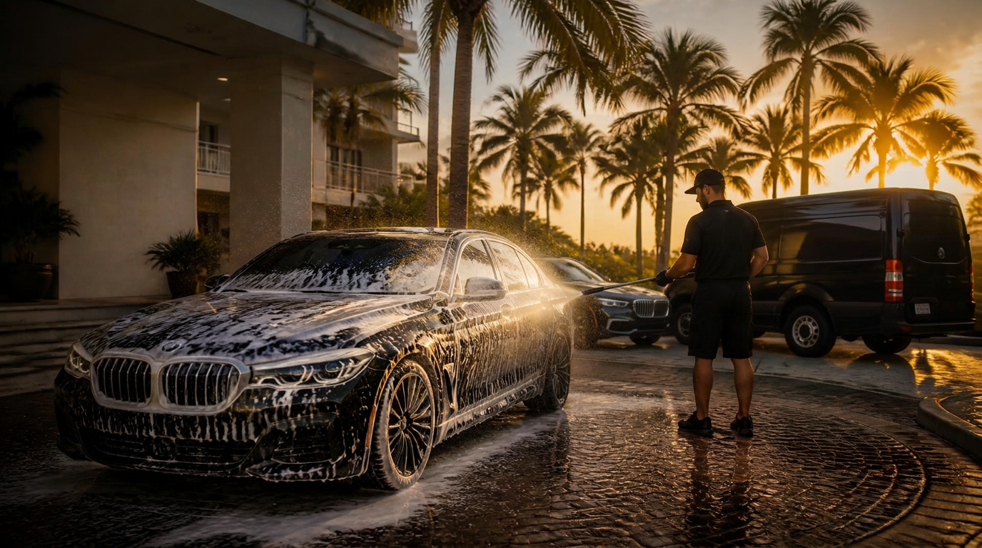 Imperium Auto Spa detailer pressure washing a foam-covered glossy black BMW beside a black mobile detailing van at a luxury South Florida condominium entrance